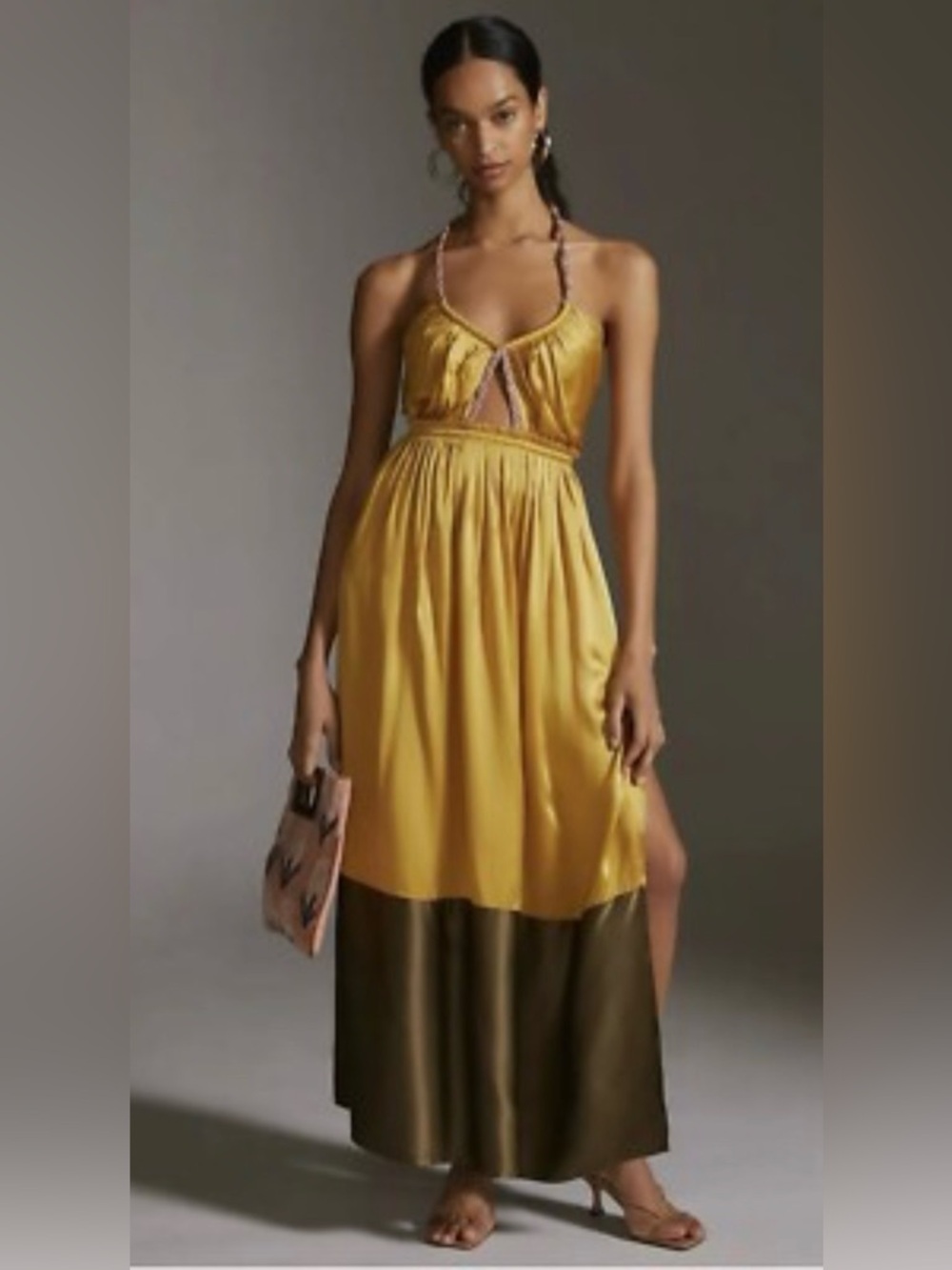 NEW Anthropologie Silk Color Blocked Halter Maxi Dress